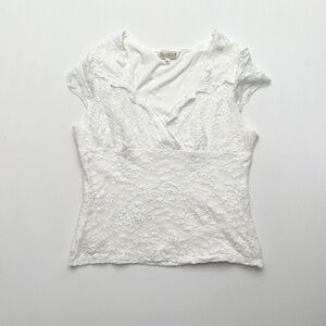 2000s Y2K White Lace Slinky Stretch Dainty Ditzy Fairy Babydoll Cap Sleeve TopXL
